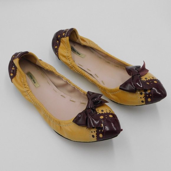 Miu Miu Shoes - Miu Miu Pointy Toe Ballet Flats | Bows | Mustard & Maroon | GUC | 37UE / 7US